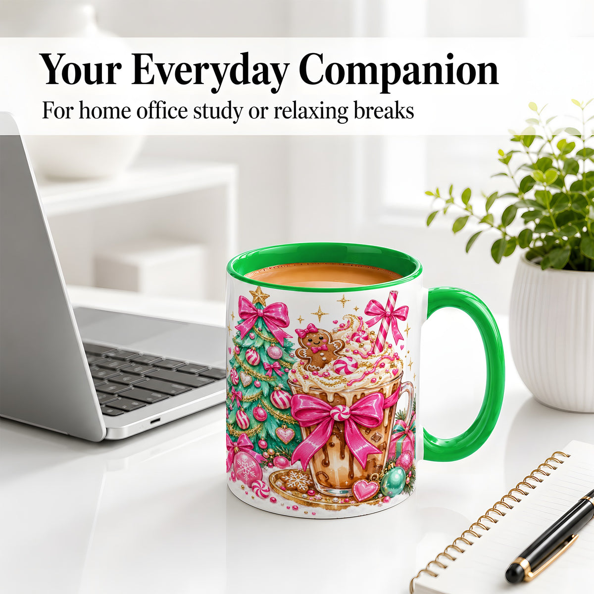 #pl[11oz|Green] Pink Christmas Coffee Ceramic Mug, Tree Gingerbread Holiday Artwork