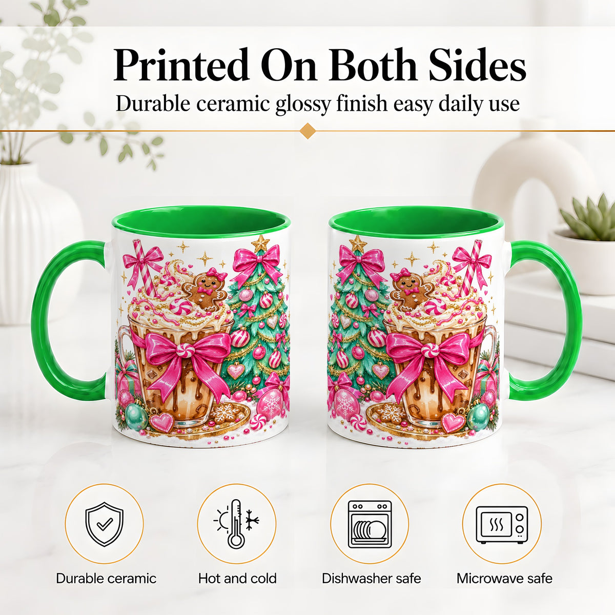 #pl[11oz|Green] Pink Christmas Coffee Ceramic Mug, Tree Gingerbread Holiday Artwork