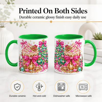 #pl[11oz|Green] Pink Christmas Coffee Ceramic Mug, Tree Gingerbread Holiday Artwork