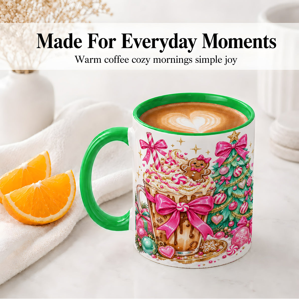 #pl[11oz|Green] Pink Christmas Coffee Ceramic Mug, Tree Gingerbread Holiday Artwork