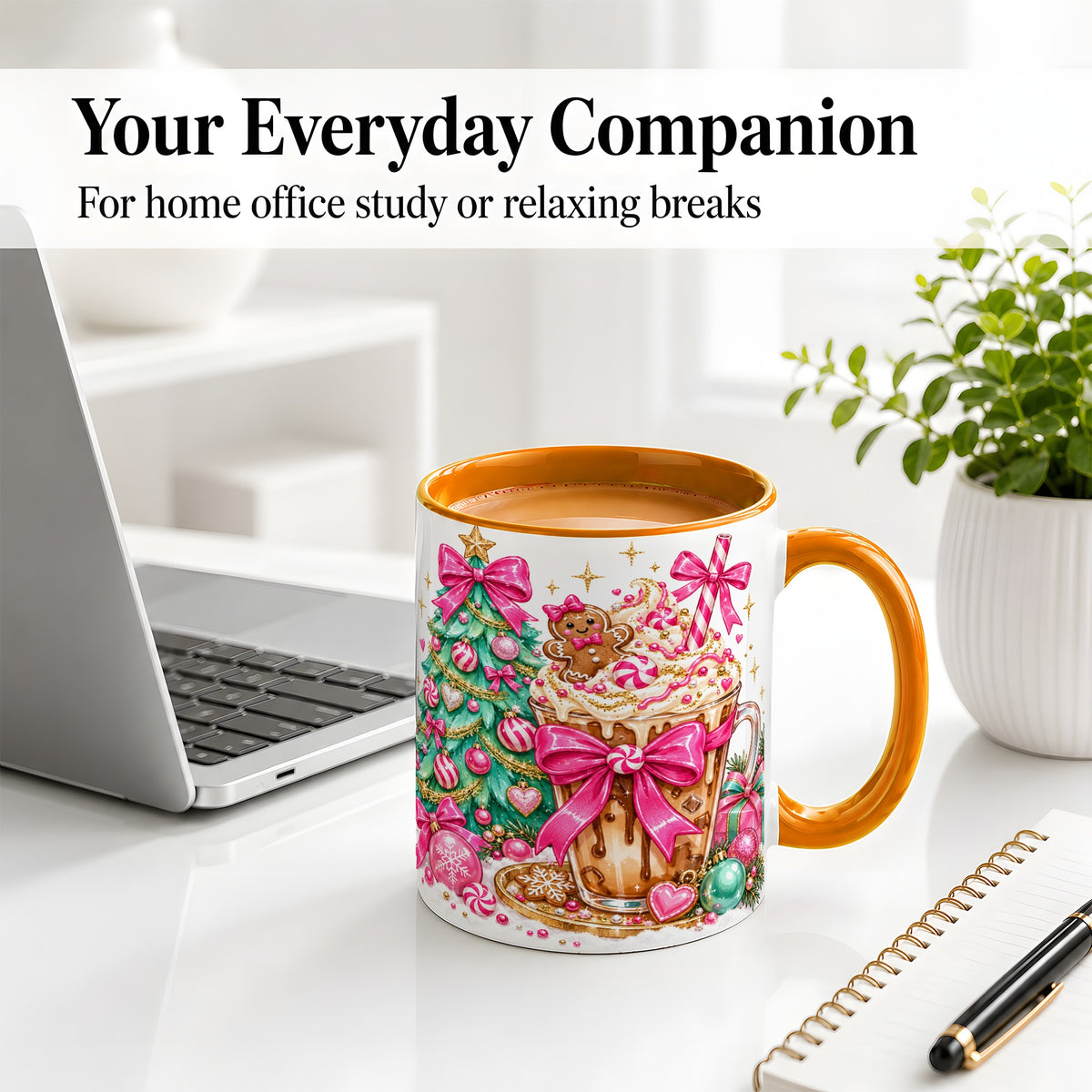 #pl[11oz|Orange] Pink Christmas Coffee Ceramic Mug, Tree Gingerbread Holiday Artwork