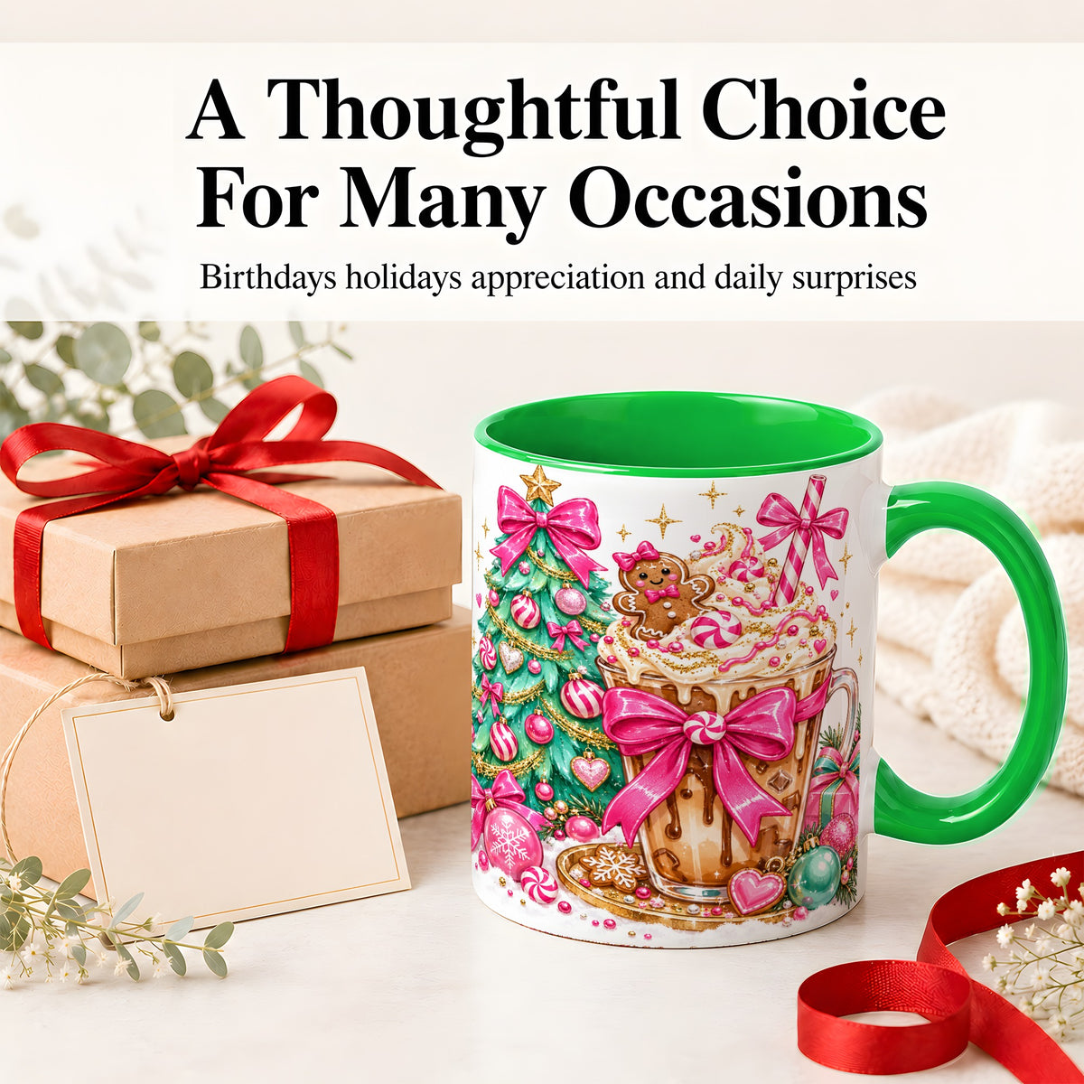 #pl[11oz|Green] Pink Christmas Coffee Ceramic Mug, Tree Gingerbread Holiday Artwork