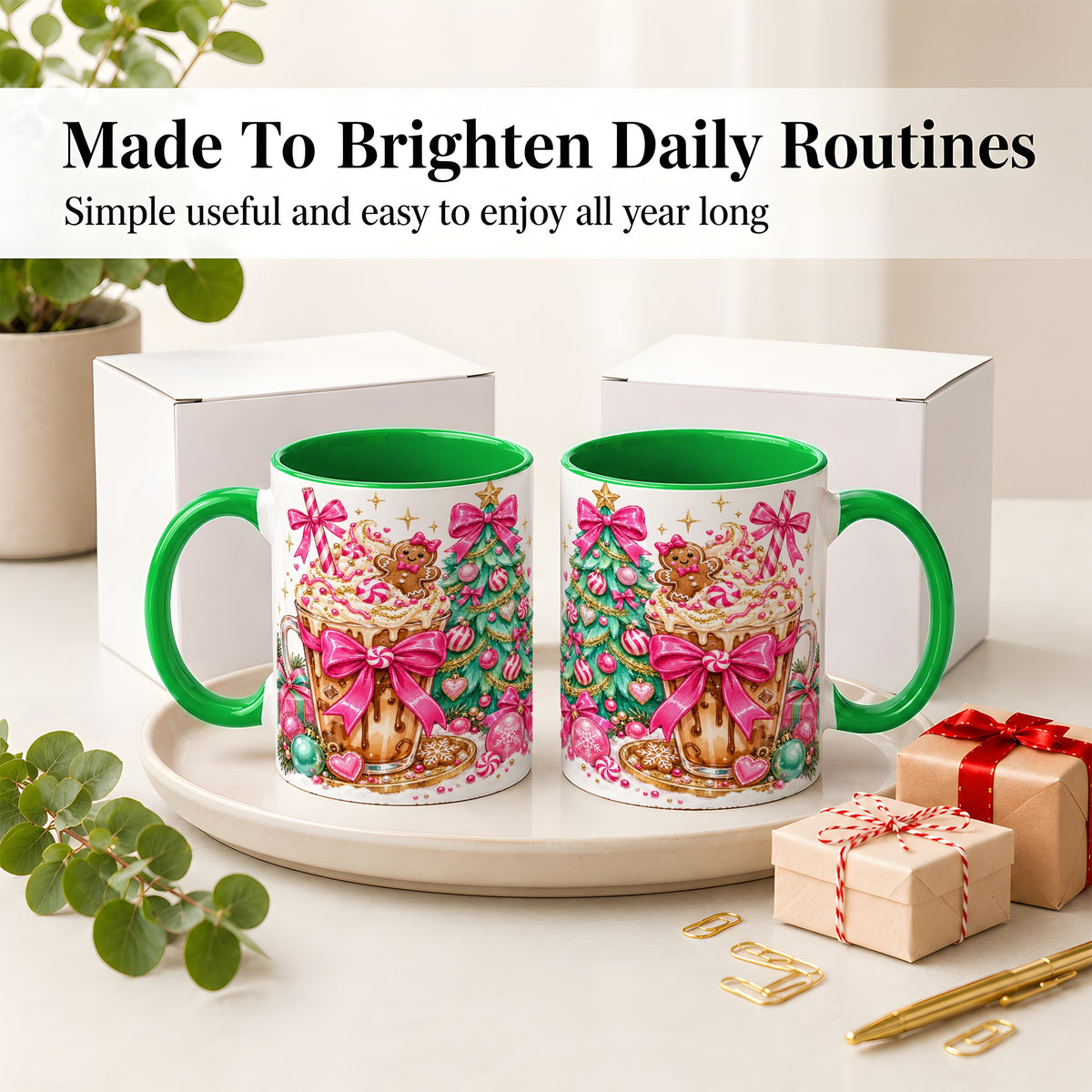 #pl[11oz|Green] Pink Christmas Coffee Ceramic Mug, Tree Gingerbread Holiday Artwork