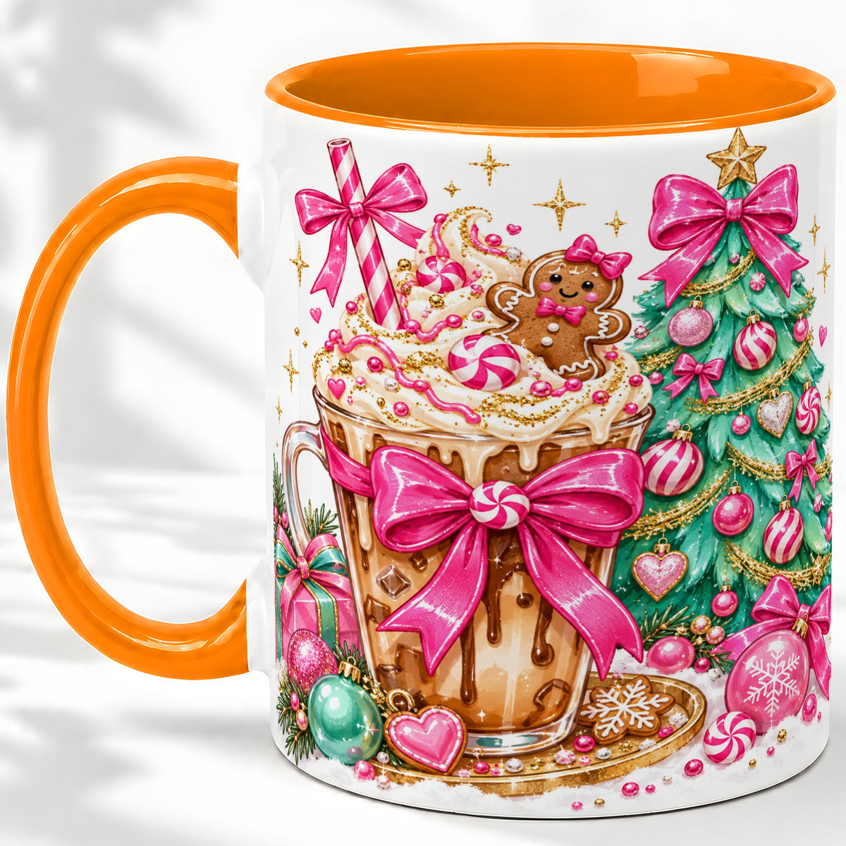 #pl[11oz|Orange] Pink Christmas Coffee Ceramic Mug, Tree Gingerbread Holiday Artwork