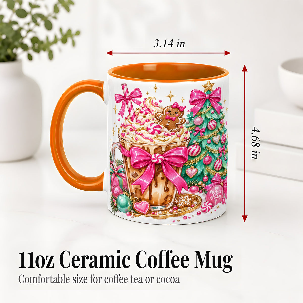 #pl[11oz|Orange] Pink Christmas Coffee Ceramic Mug, Tree Gingerbread Holiday Artwork