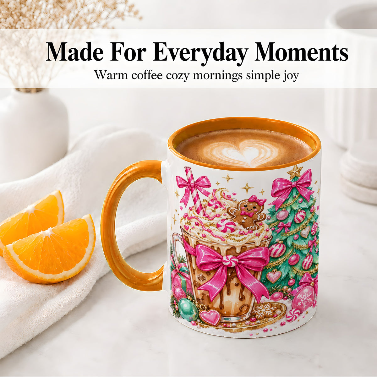 #pl[11oz|Orange] Pink Christmas Coffee Ceramic Mug, Tree Gingerbread Holiday Artwork
