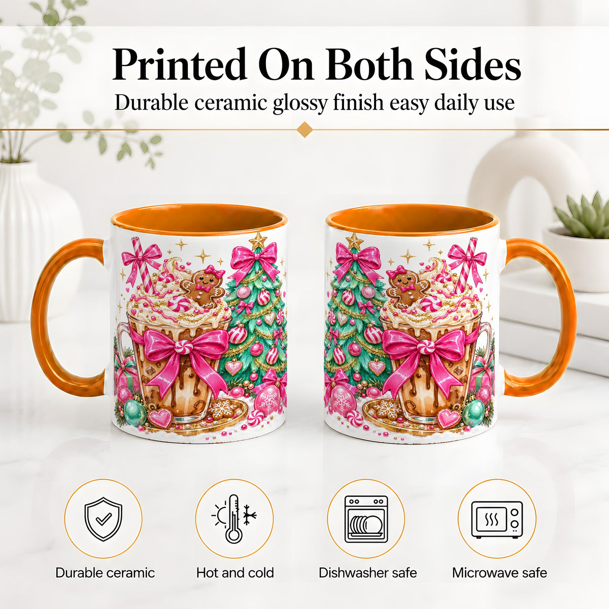 #pl[11oz|Orange] Pink Christmas Coffee Ceramic Mug, Tree Gingerbread Holiday Artwork
