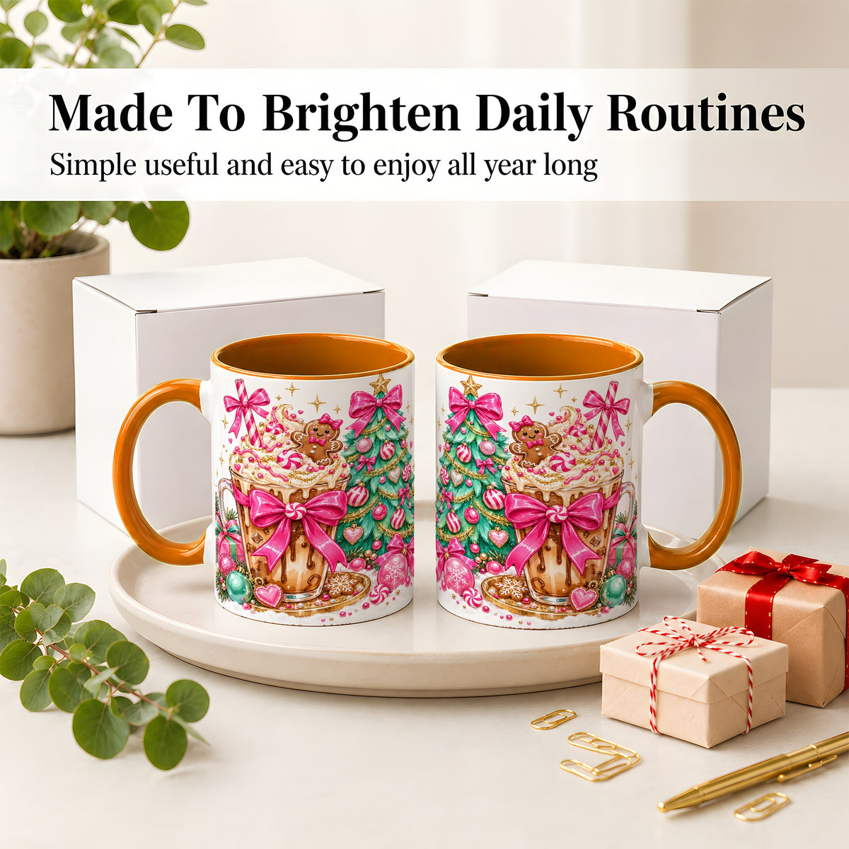 #pl[11oz|Orange] Pink Christmas Coffee Ceramic Mug, Tree Gingerbread Holiday Artwork