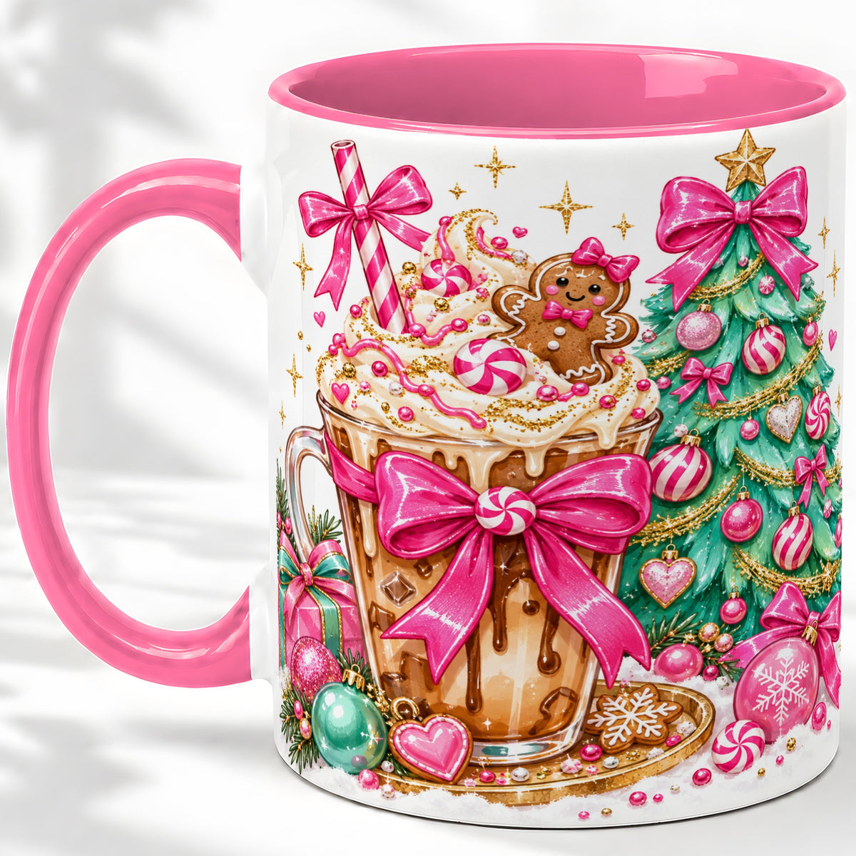 #pl[11oz|Pink] Pink Christmas Coffee Ceramic Mug, Tree Gingerbread Holiday Artwork
