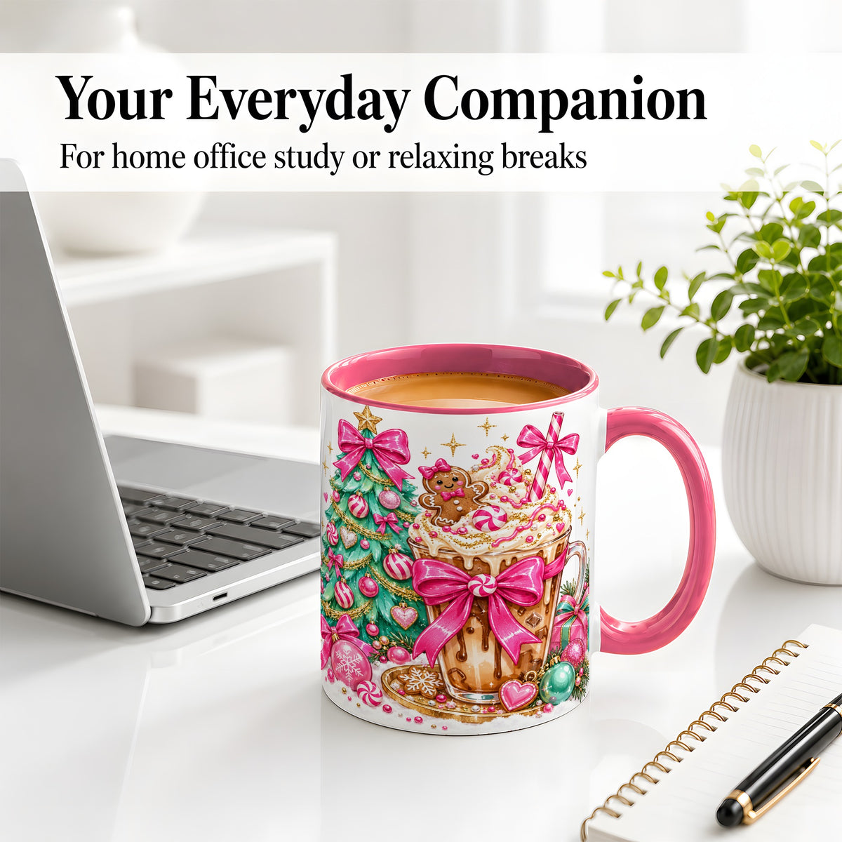 #pl[11oz|Pink] Pink Christmas Coffee Ceramic Mug, Tree Gingerbread Holiday Artwork