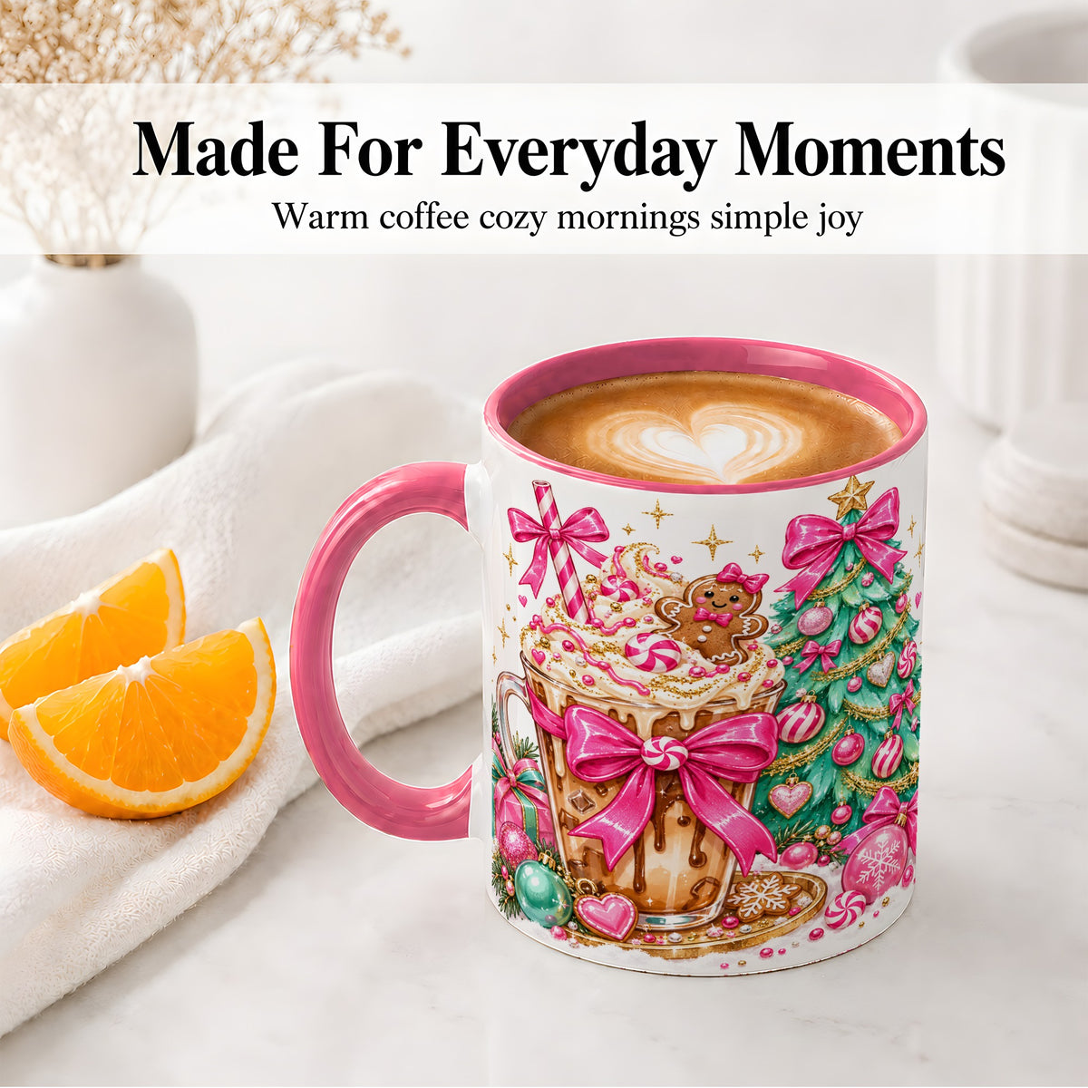 #pl[11oz|Pink] Pink Christmas Coffee Ceramic Mug, Tree Gingerbread Holiday Artwork