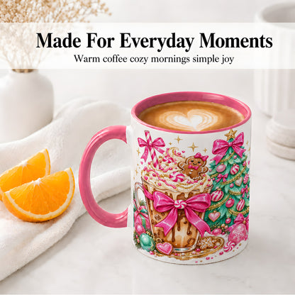 #pl[11oz|Pink] Pink Christmas Coffee Ceramic Mug, Tree Gingerbread Holiday Artwork