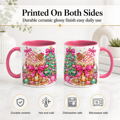 #pl[11oz|Pink] Pink Christmas Coffee Ceramic Mug, Tree Gingerbread Holiday Artwork