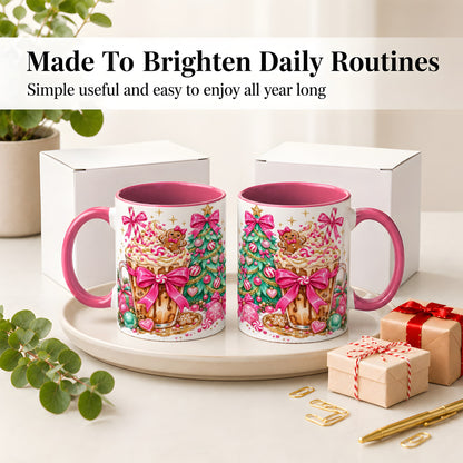#pl[11oz|Pink] Pink Christmas Coffee Ceramic Mug, Tree Gingerbread Holiday Artwork