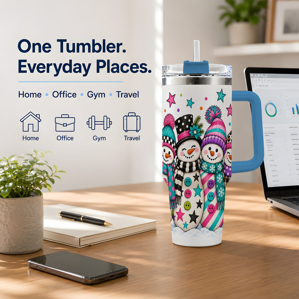 #pl[40oz|Blue] Colorful Snowmen 40oz Tumbler, Patterned Winter Holiday Drinkware