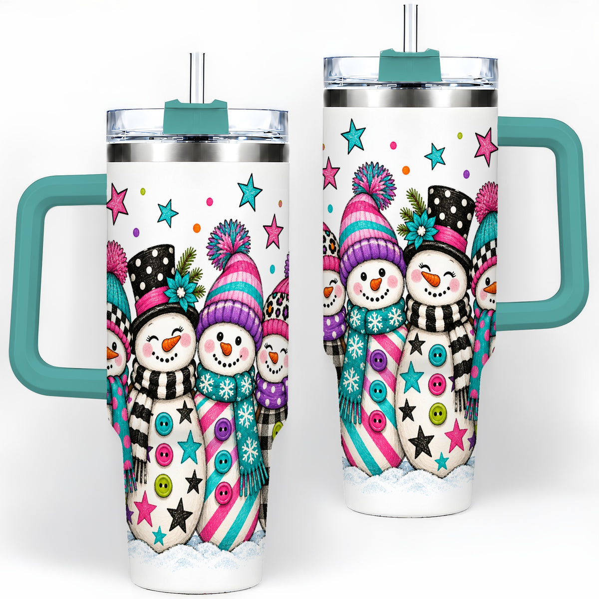 #pl[40oz|Green] Colorful Snowmen 40oz Tumbler, Patterned Winter Holiday Drinkware