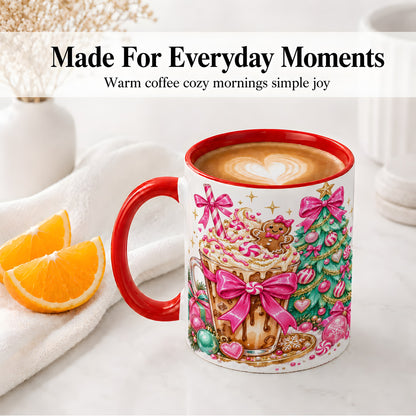 #pl[11oz|Red] Pink Christmas Coffee Ceramic Mug, Tree Gingerbread Holiday Artwork