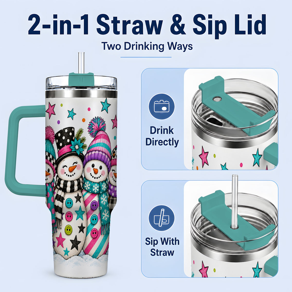 #pl[40oz|Green] Colorful Snowmen 40oz Tumbler, Patterned Winter Holiday Drinkware