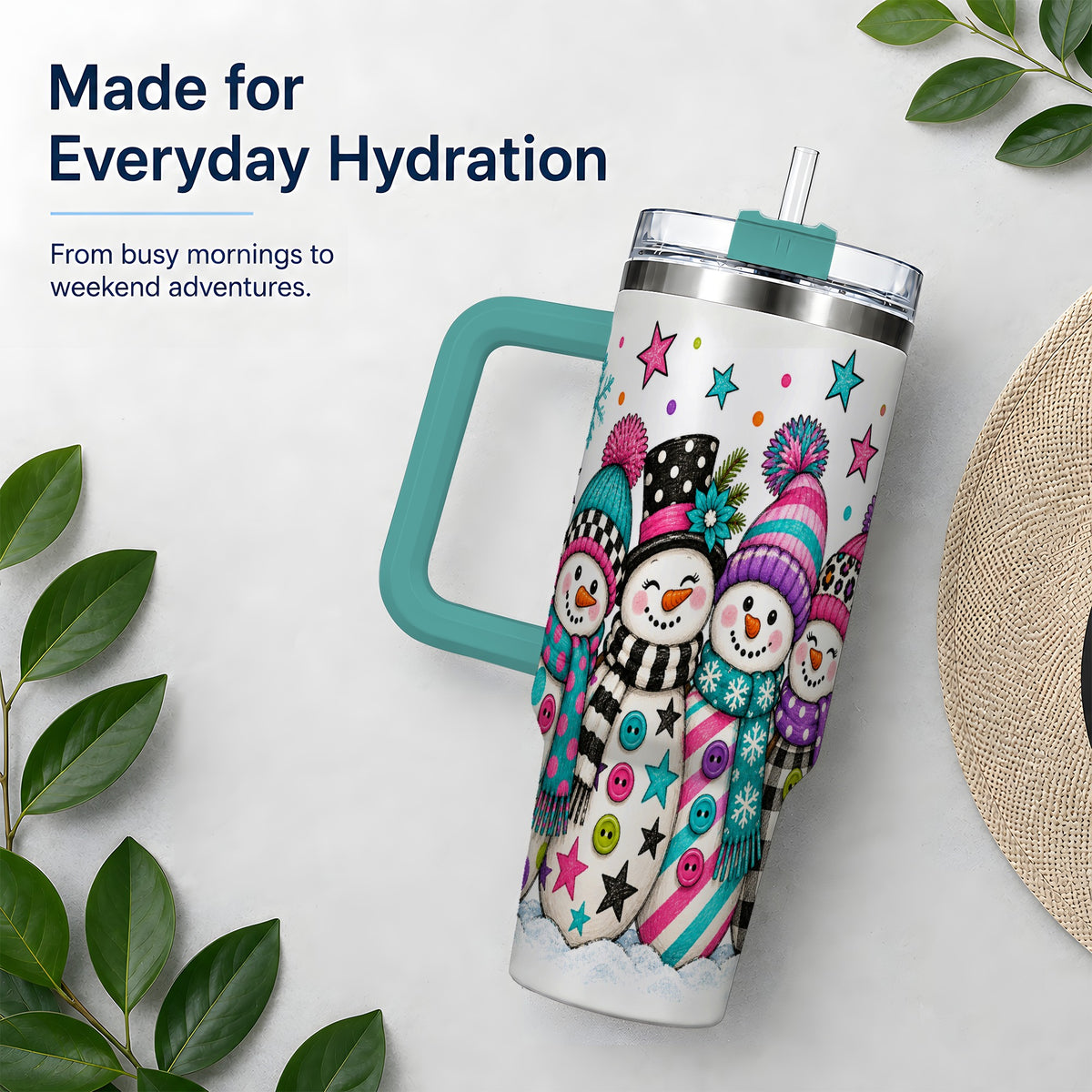#pl[40oz|Green] Colorful Snowmen 40oz Tumbler, Patterned Winter Holiday Drinkware