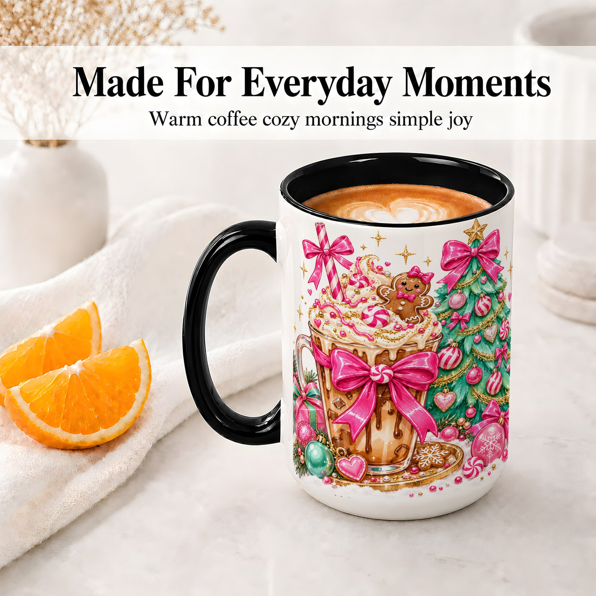 #pl[15oz|Black] Pink Christmas Coffee Ceramic Mug, Tree Gingerbread Holiday Artwork