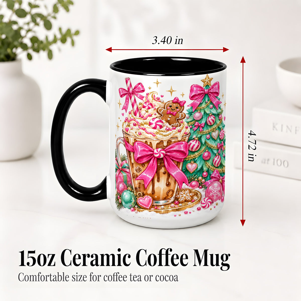 #pl[15oz|Black] Pink Christmas Coffee Ceramic Mug, Tree Gingerbread Holiday Artwork