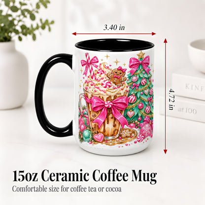 #pl[15oz|Black] Pink Christmas Coffee Ceramic Mug, Tree Gingerbread Holiday Artwork