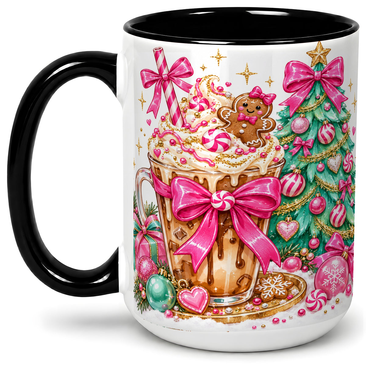 #pl[15oz|Black] Pink Christmas Coffee Ceramic Mug, Tree Gingerbread Holiday Artwork