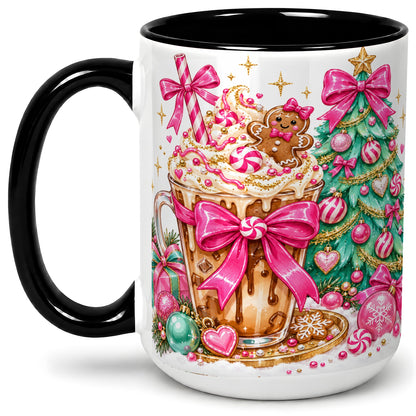 #pl[15oz|Black] Pink Christmas Coffee Ceramic Mug, Tree Gingerbread Holiday Artwork
