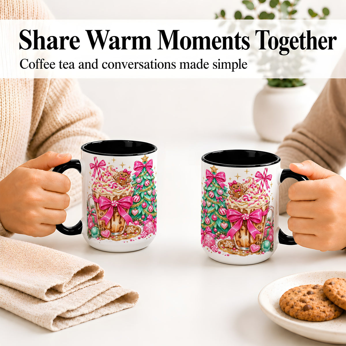 #pl[15oz|Black] Pink Christmas Coffee Ceramic Mug, Tree Gingerbread Holiday Artwork