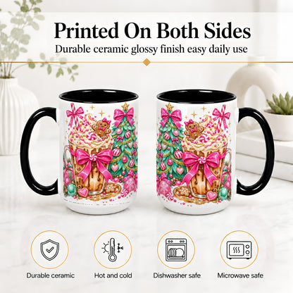 #pl[15oz|Black] Pink Christmas Coffee Ceramic Mug, Tree Gingerbread Holiday Artwork