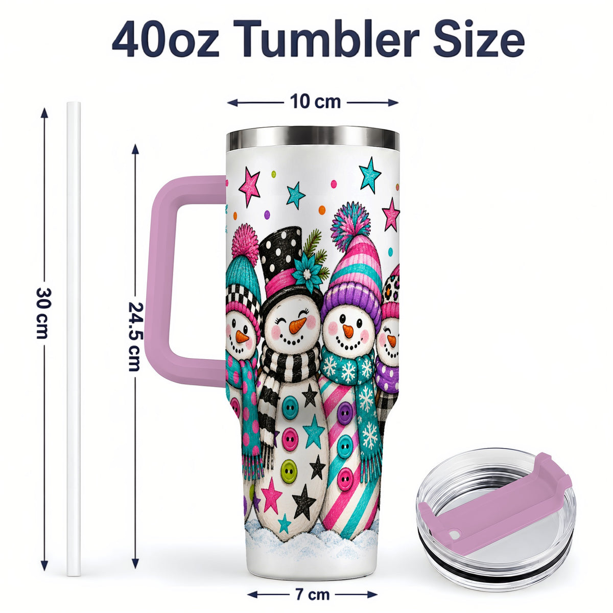 #pl[40oz|Pink] Colorful Snowmen 40oz Tumbler, Patterned Winter Holiday Drinkware