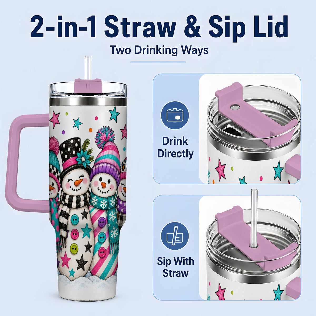 #pl[40oz|Pink] Colorful Snowmen 40oz Tumbler, Patterned Winter Holiday Drinkware