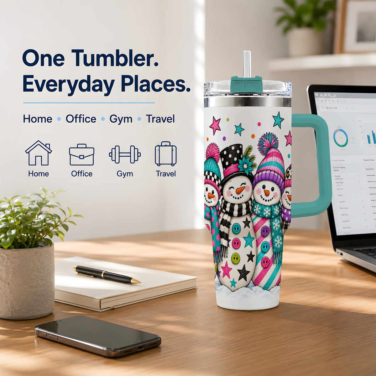 #pl[40oz|Green] Colorful Snowmen 40oz Tumbler, Patterned Winter Holiday Drinkware