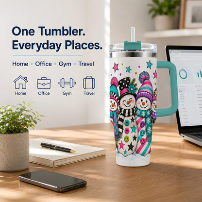 #pl[40oz|Green] Colorful Snowmen 40oz Tumbler, Patterned Winter Holiday Drinkware