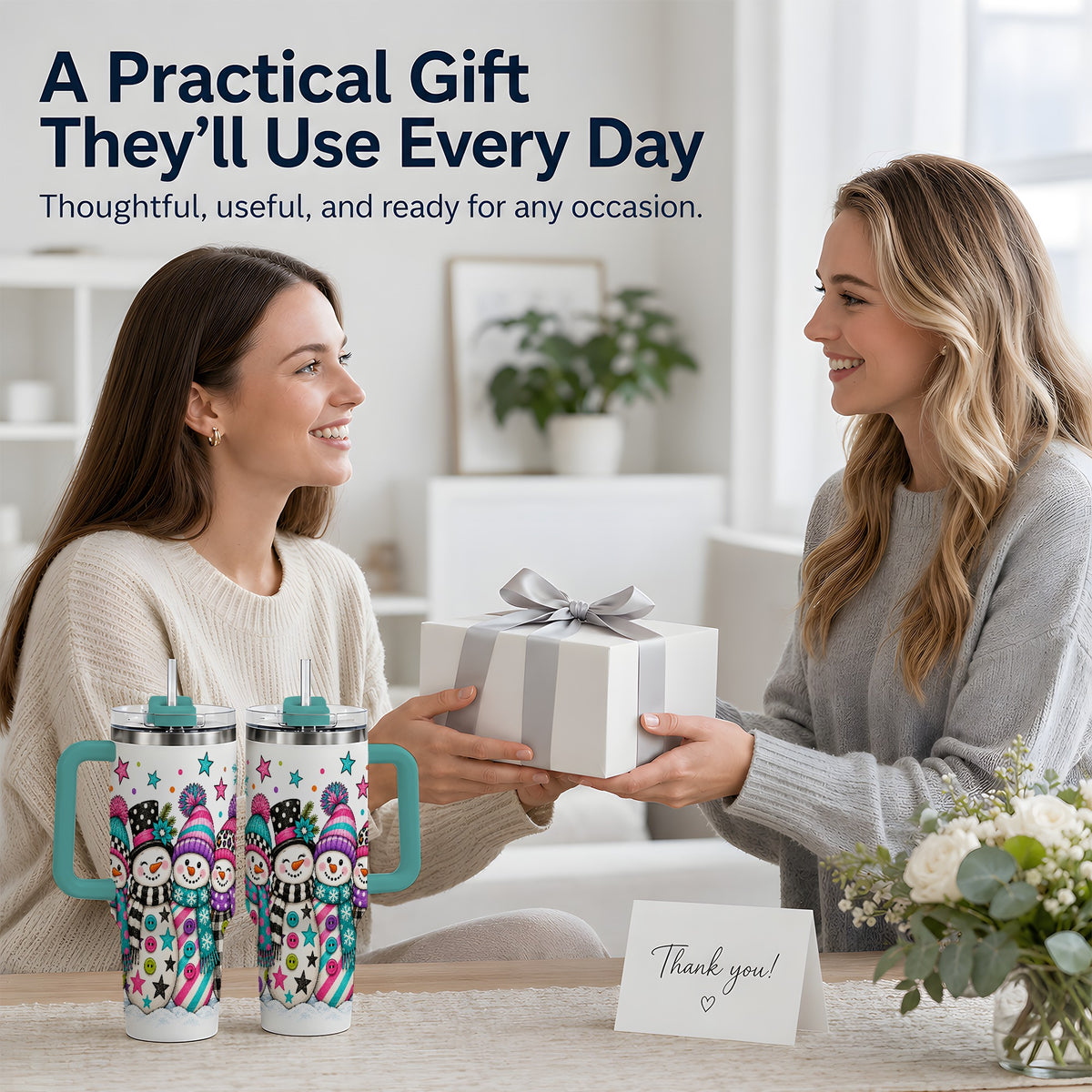 #pl[40oz|Green] Colorful Snowmen 40oz Tumbler, Patterned Winter Holiday Drinkware