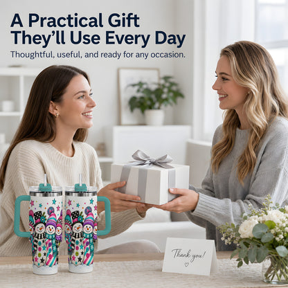#pl[40oz|Green] Colorful Snowmen 40oz Tumbler, Patterned Winter Holiday Drinkware