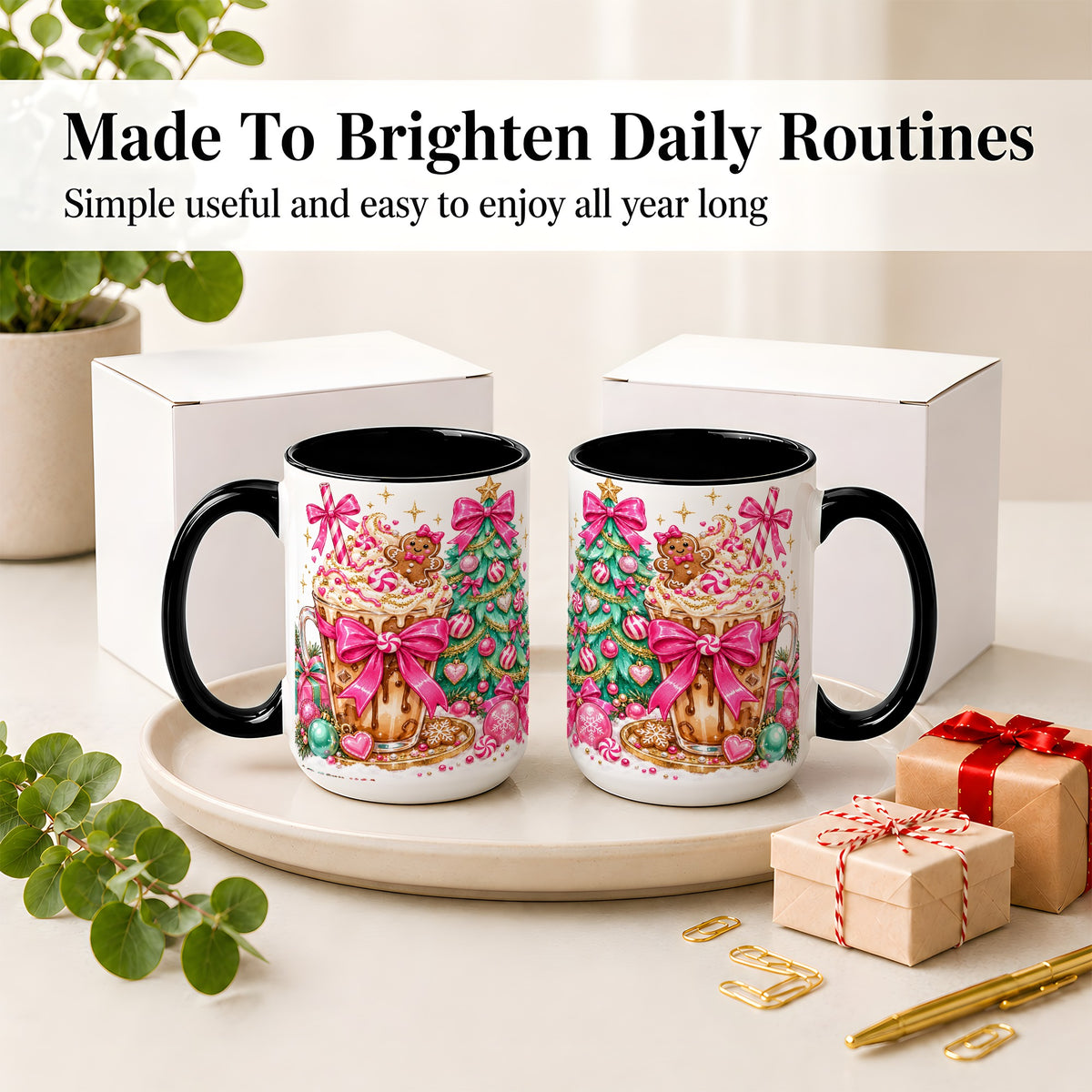 #pl[15oz|Black] Pink Christmas Coffee Ceramic Mug, Tree Gingerbread Holiday Artwork