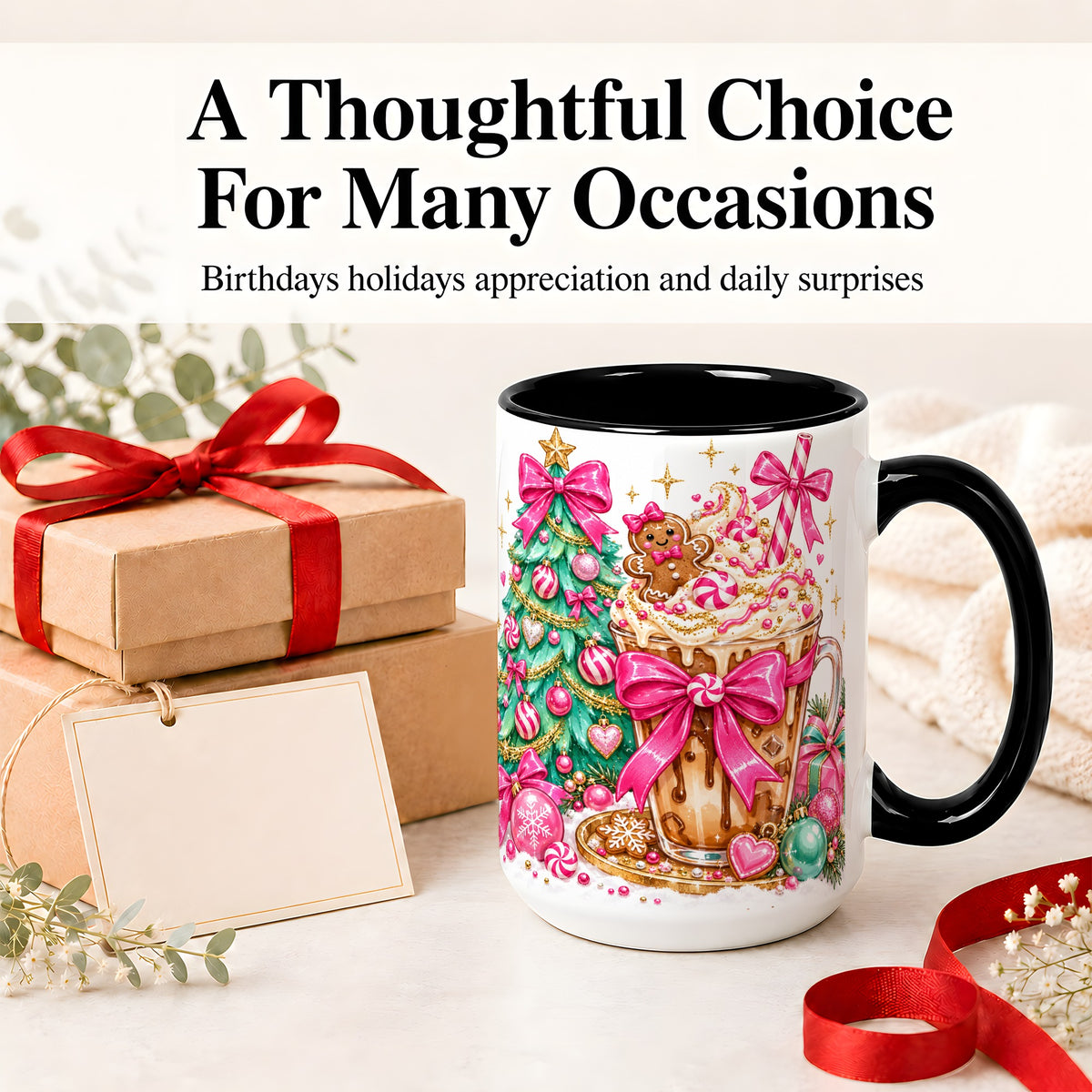 #pl[15oz|Black] Pink Christmas Coffee Ceramic Mug, Tree Gingerbread Holiday Artwork