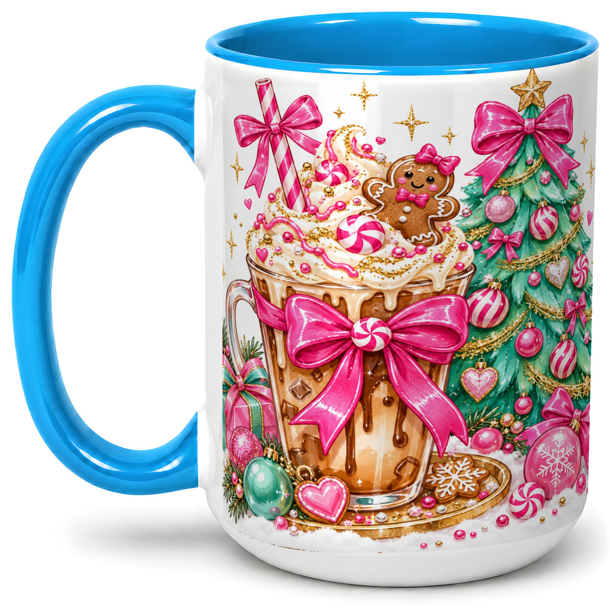 #pl[15oz|Blue] Pink Christmas Coffee Ceramic Mug, Tree Gingerbread Holiday Artwork