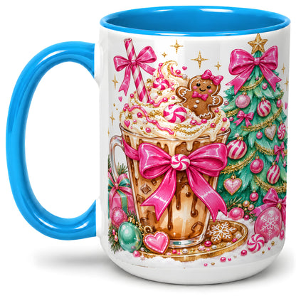#pl[15oz|Blue] Pink Christmas Coffee Ceramic Mug, Tree Gingerbread Holiday Artwork