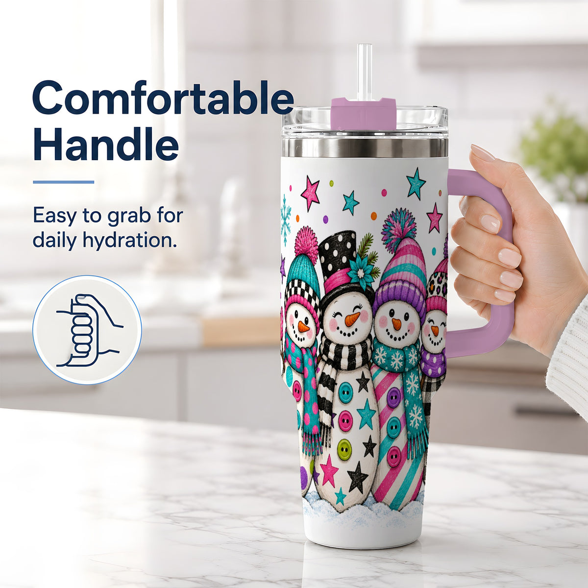 #pl[40oz|Pink] Colorful Snowmen 40oz Tumbler, Patterned Winter Holiday Drinkware