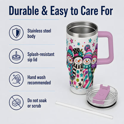 #pl[40oz|Pink] Colorful Snowmen 40oz Tumbler, Patterned Winter Holiday Drinkware