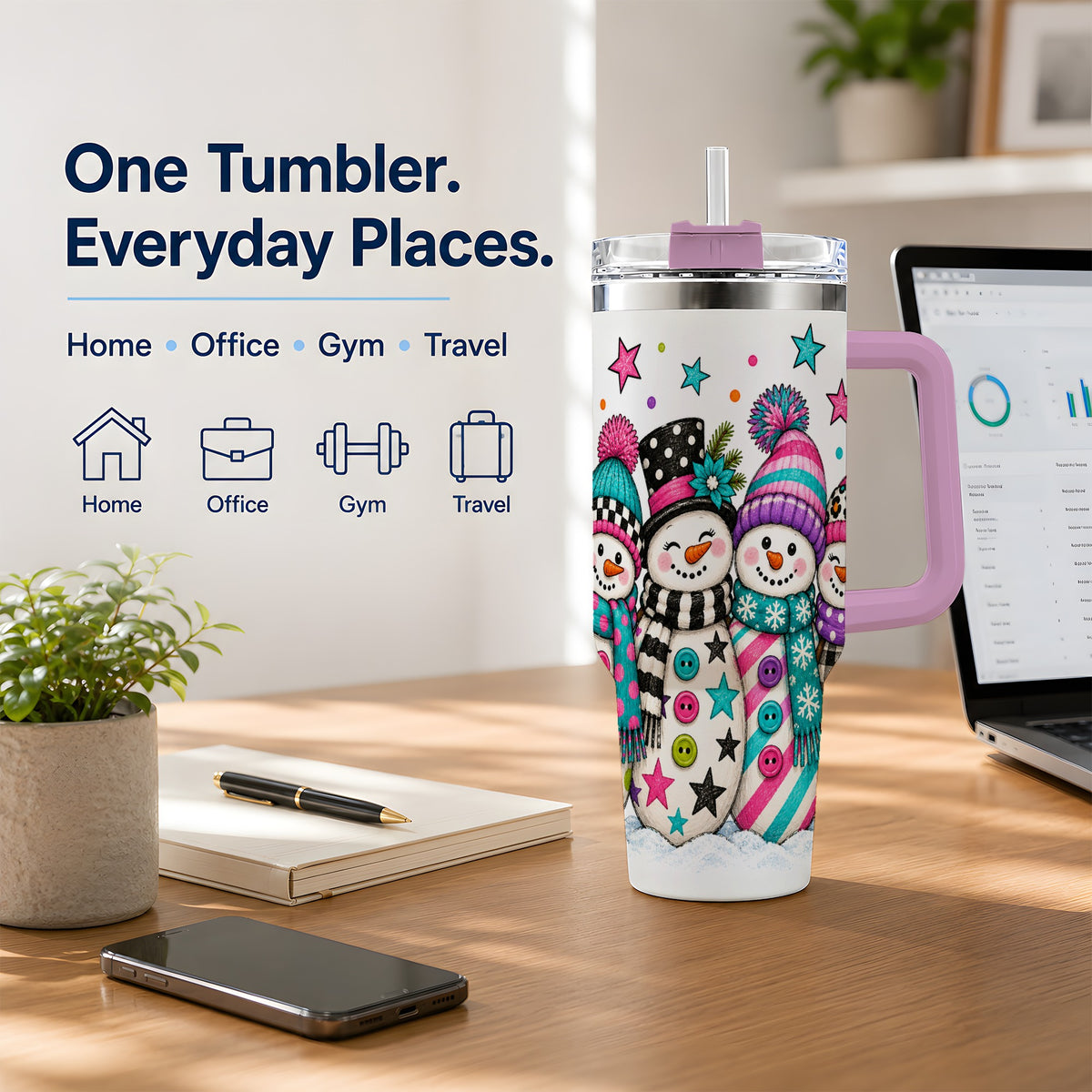 #pl[40oz|Pink] Colorful Snowmen 40oz Tumbler, Patterned Winter Holiday Drinkware