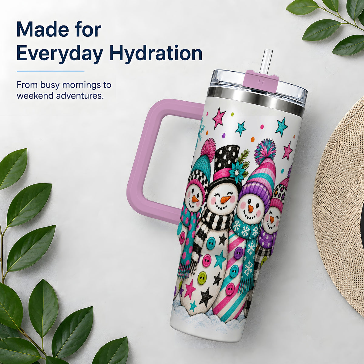 #pl[40oz|Pink] Colorful Snowmen 40oz Tumbler, Patterned Winter Holiday Drinkware