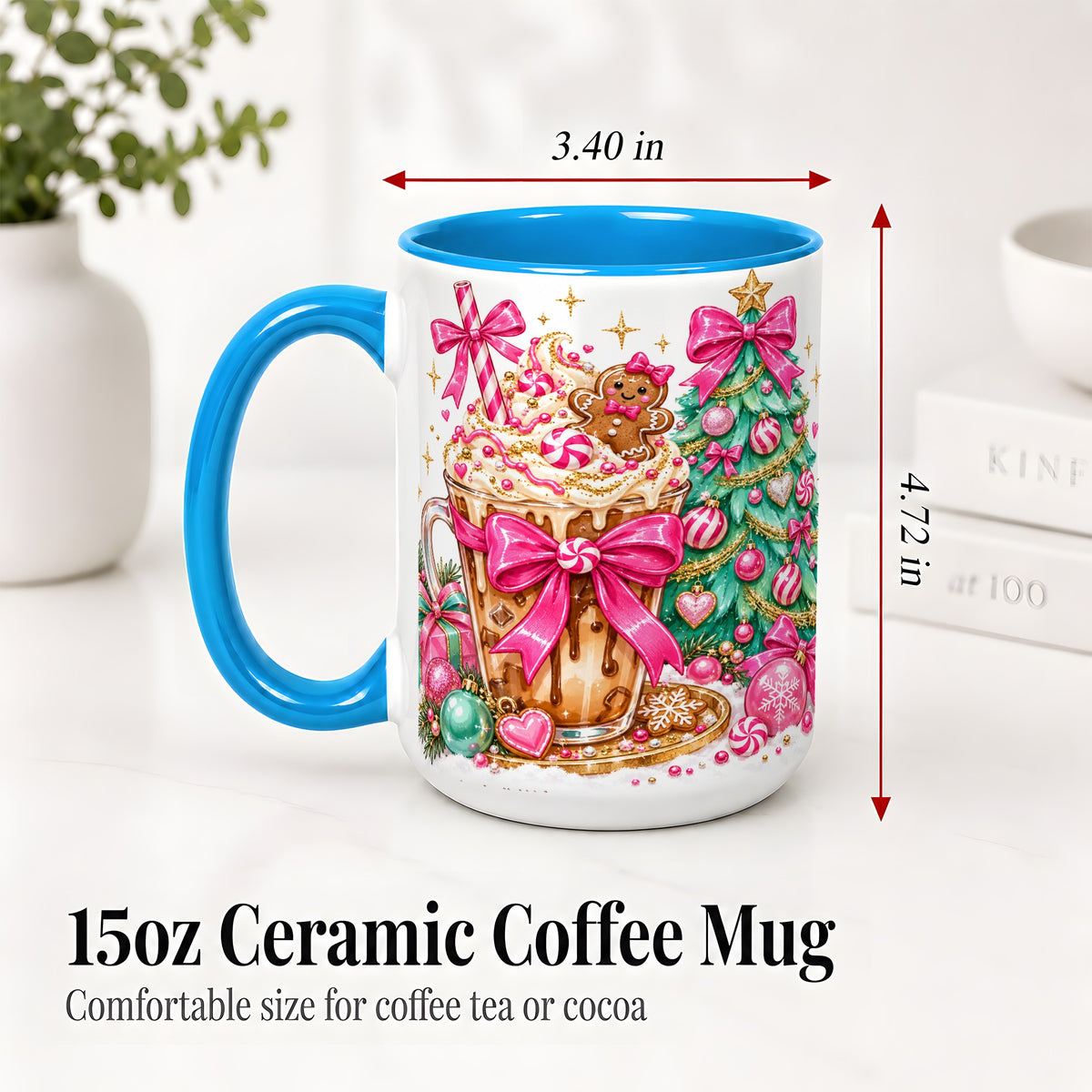 #pl[15oz|Blue] Pink Christmas Coffee Ceramic Mug, Tree Gingerbread Holiday Artwork