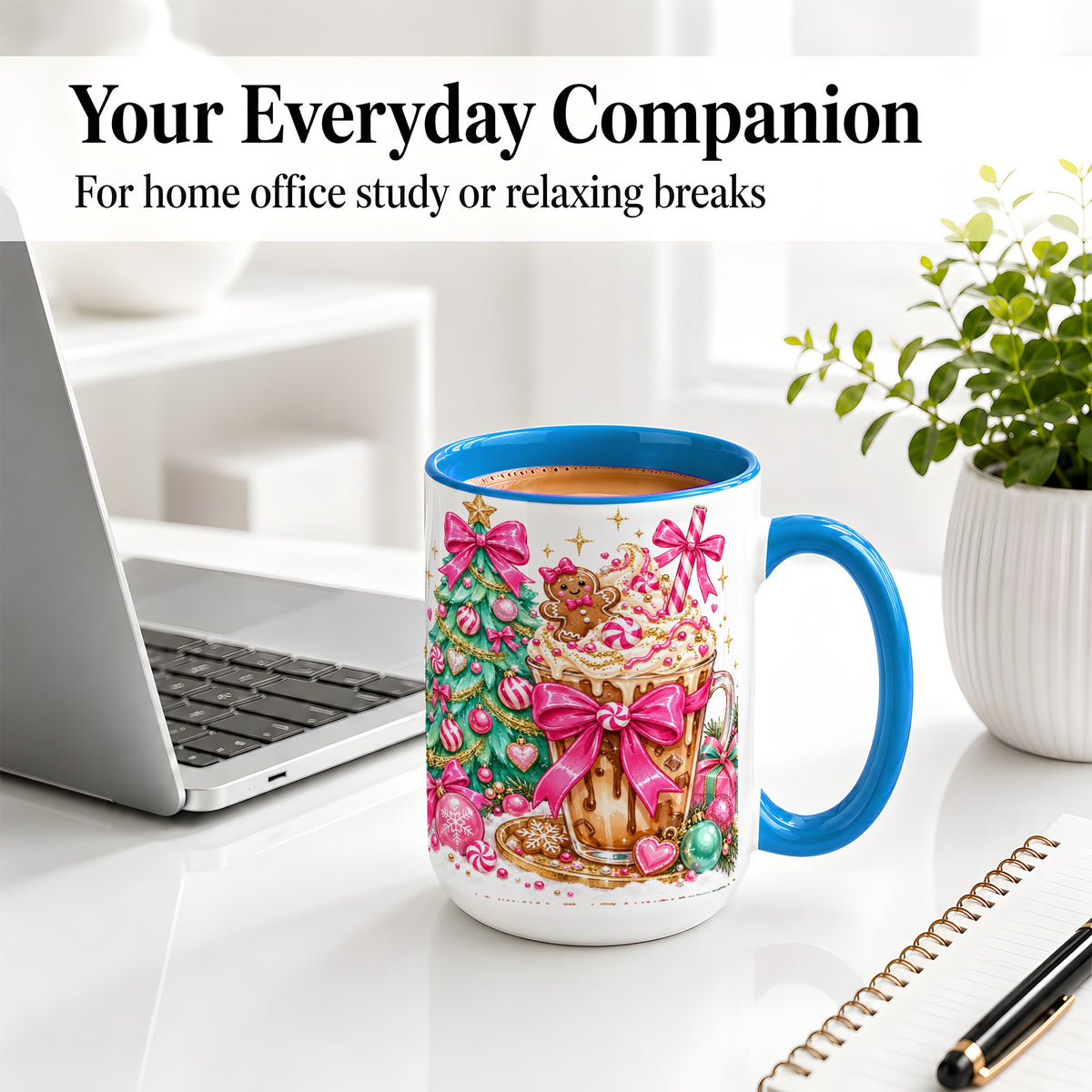 #pl[15oz|Blue] Pink Christmas Coffee Ceramic Mug, Tree Gingerbread Holiday Artwork