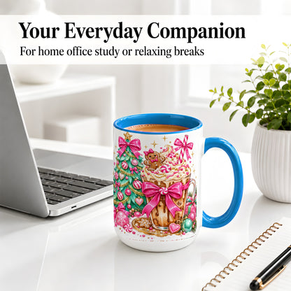 #pl[15oz|Blue] Pink Christmas Coffee Ceramic Mug, Tree Gingerbread Holiday Artwork
