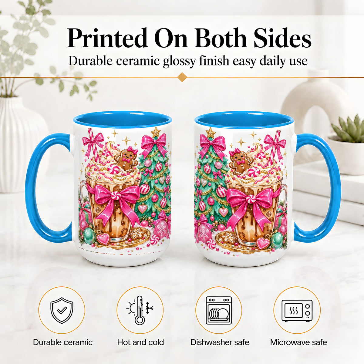 #pl[15oz|Blue] Pink Christmas Coffee Ceramic Mug, Tree Gingerbread Holiday Artwork