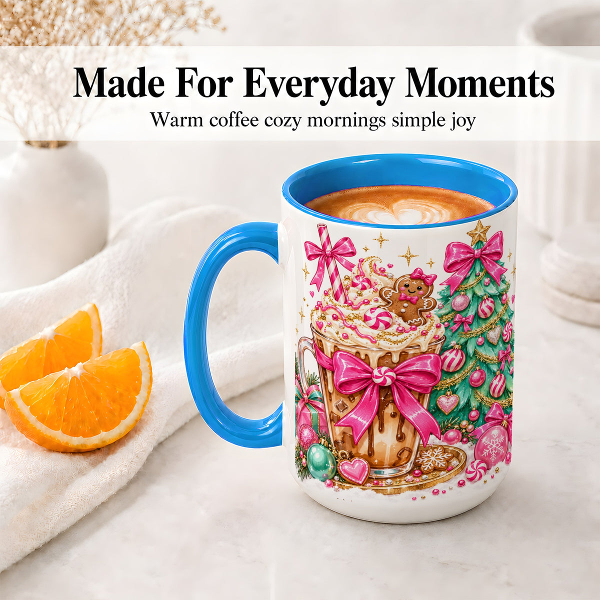 #pl[15oz|Blue] Pink Christmas Coffee Ceramic Mug, Tree Gingerbread Holiday Artwork