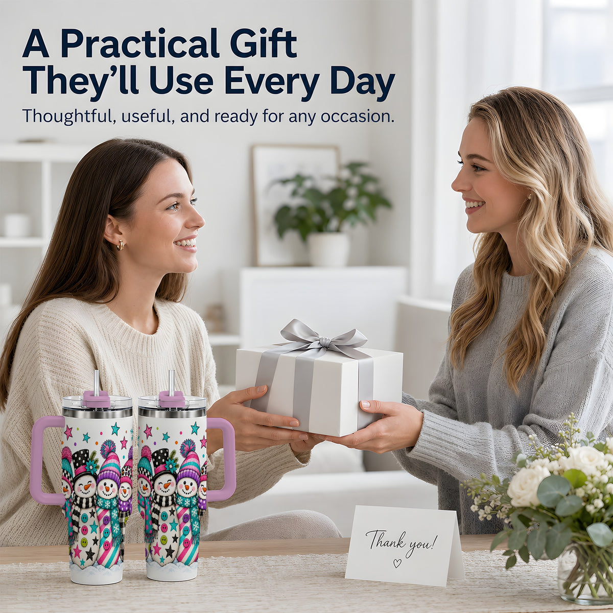 #pl[40oz|Pink] Colorful Snowmen 40oz Tumbler, Patterned Winter Holiday Drinkware